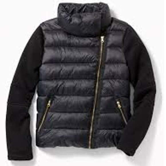 Old Navy Jackets & Blazers - OLD NAVY Active Quilted Moto Puffer Jacket Lightweight Black Gold Womens Sz L